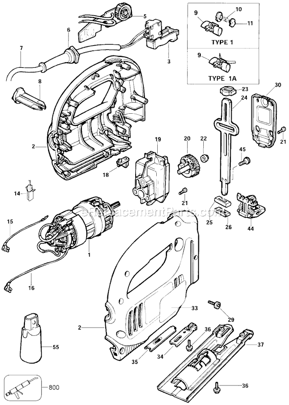 Page A Diagram and Parts List for JS250Q Type 1A Black and Decker Jig Saw